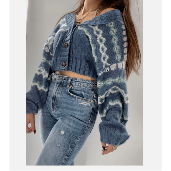 Natural Life Women's Fair Isle Cropped Cardigan Size Medium Blue Boho Knit Cozy - Picture 1 of 8